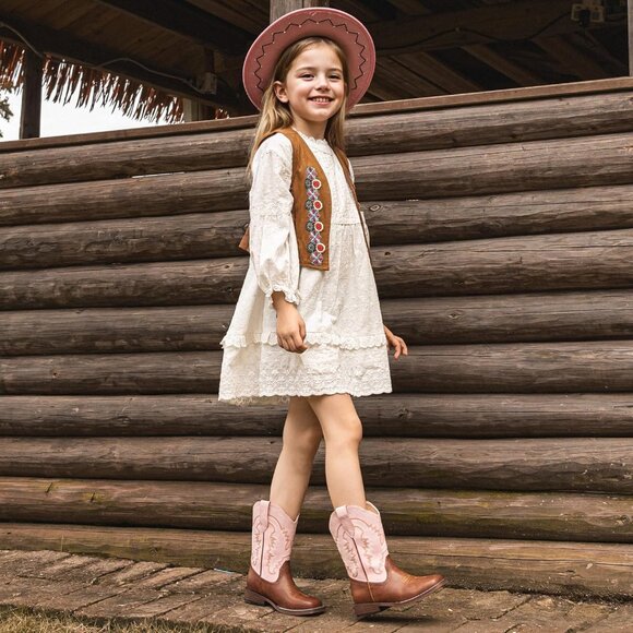 ⚡Kid Pink/Brown Synthetic Cowboy Western Riding Shoes Square Toe Wide Calf Boot - Picture 2 of 7